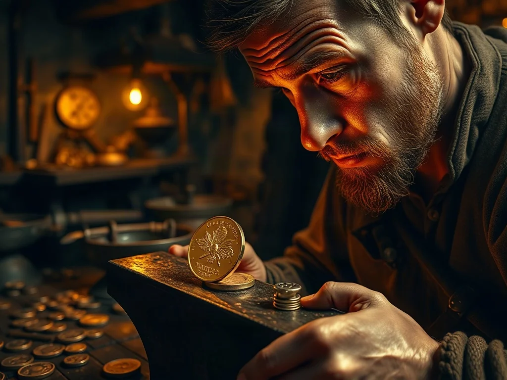 Rzemieślnik wybijający monetę na kowadle w średniowiecznej mennicy. Ilustracja historycznej techniki produkcji pieniądza.