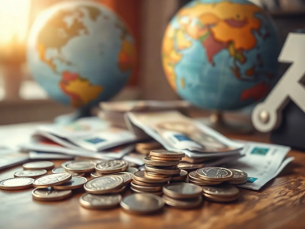 Różnorodne banknoty i monety z całego świata rozłożone na drewnianym stole na tle globusa z mapą świata.
