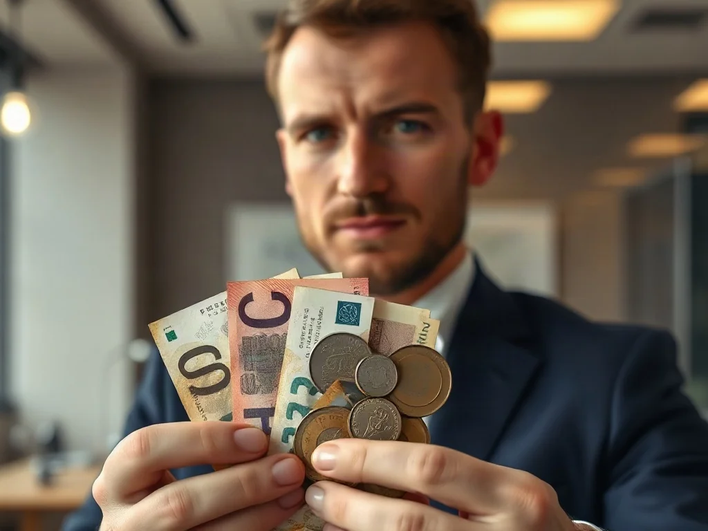 Elegancki mężczyzna trzymający w dłoniach stare banknoty oraz współczesne monety, symbolizujące proces denominacji.