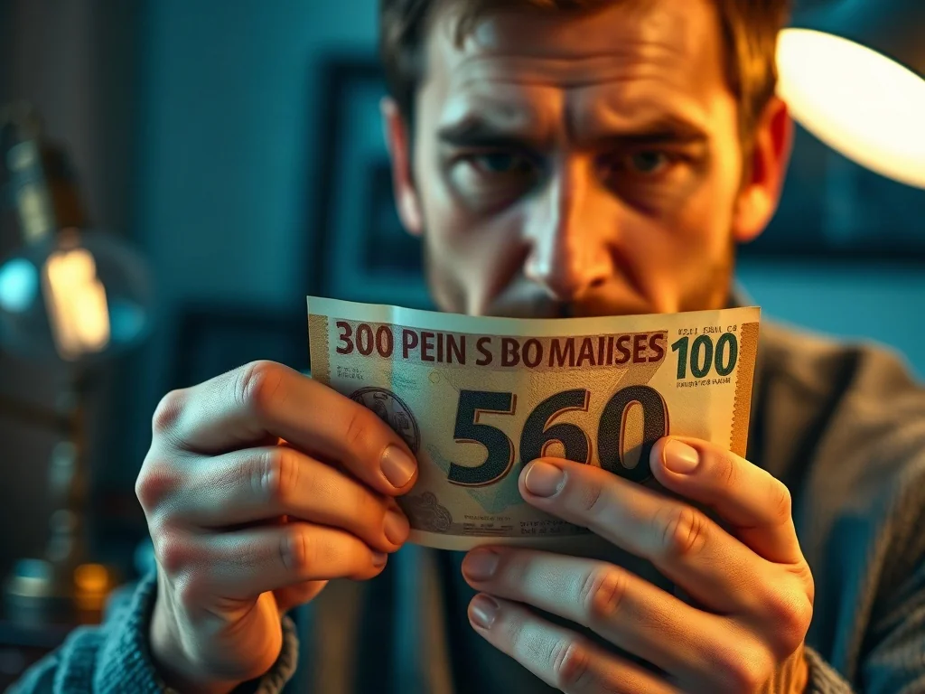 Mężczyzna przygląda się numerowi seryjnemu na banknocie, używając lupy w domowym biurze.