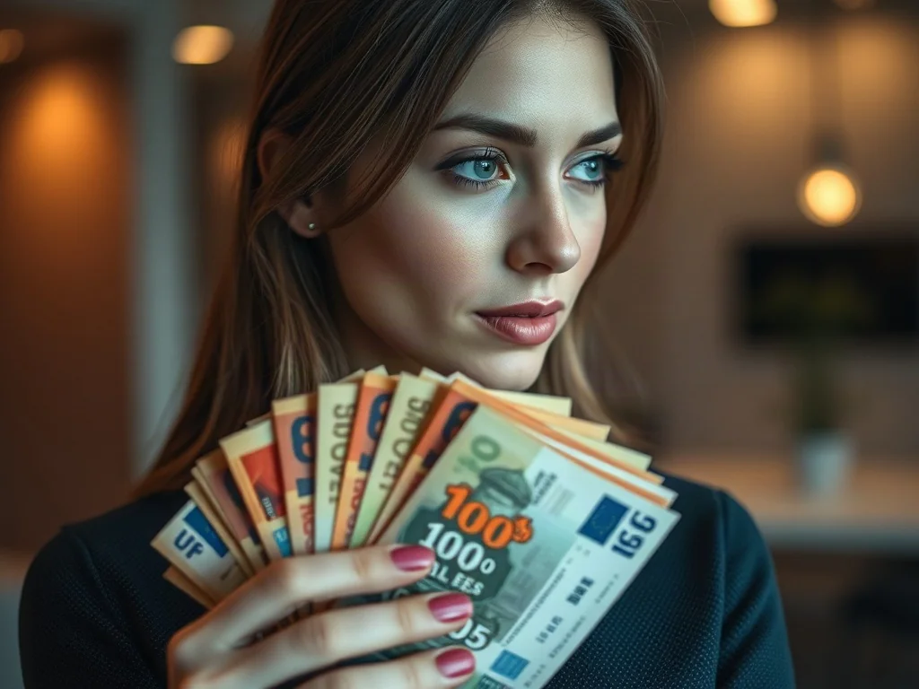 Kobieta trzymająca w dłoniach różnorodne banknoty, zastanawiająca się nad wartością pieniądza fiducjarnego.