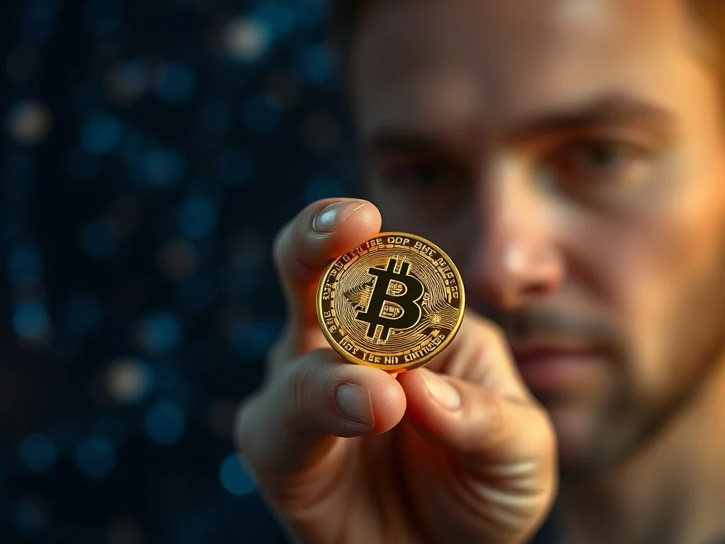 Dłoń trzymająca złotą monetę na tle cyfrowej sieci blockchain, symbolizująca ewolucję pieniądza od kruszcu do technologii.