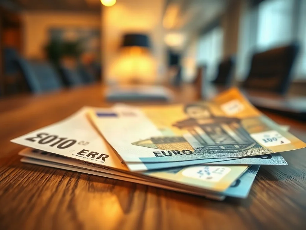 Zbliżenie na banknot euro z wyraźnie widocznym numerem seryjnym na drewnianym biurku.