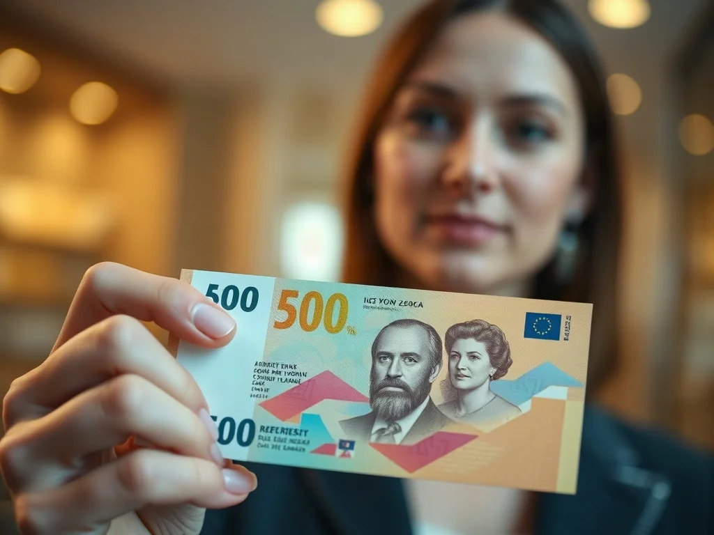 Dłoń trzymająca nowoczesny banknot polimerowy o wyraźnej, półprzezroczystej strukturze w profesjonalnym biurze bankowym.