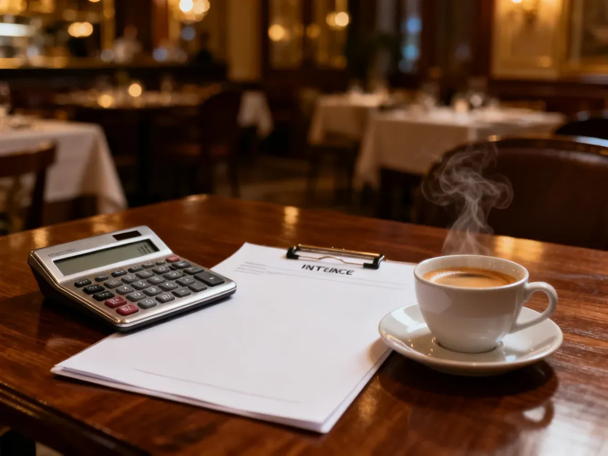 Pusty dokument faktury, kalkulator i filiżanka kawy na drewnianym stole w restauracji, symbolizujące rozliczenia podatkowe.