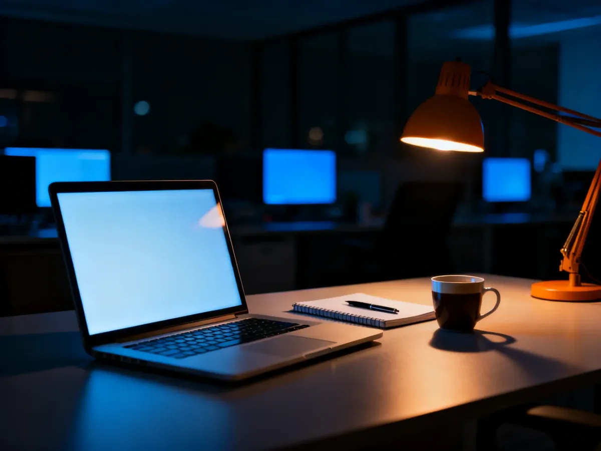 Nowoczesne stanowisko pracy w biurze nocą z podświetlonym laptopem i filiżanką kawy, ilustrujące pracę w godzinach nocnych.