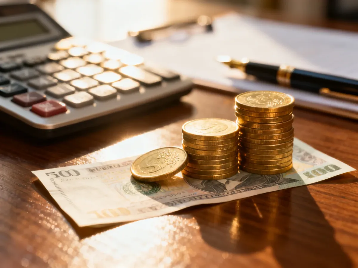Stos monet i banknot na biurku obok kalkulatora, symbolizujące kwestie finansowe i rozliczenia podatkowe od wygranych.