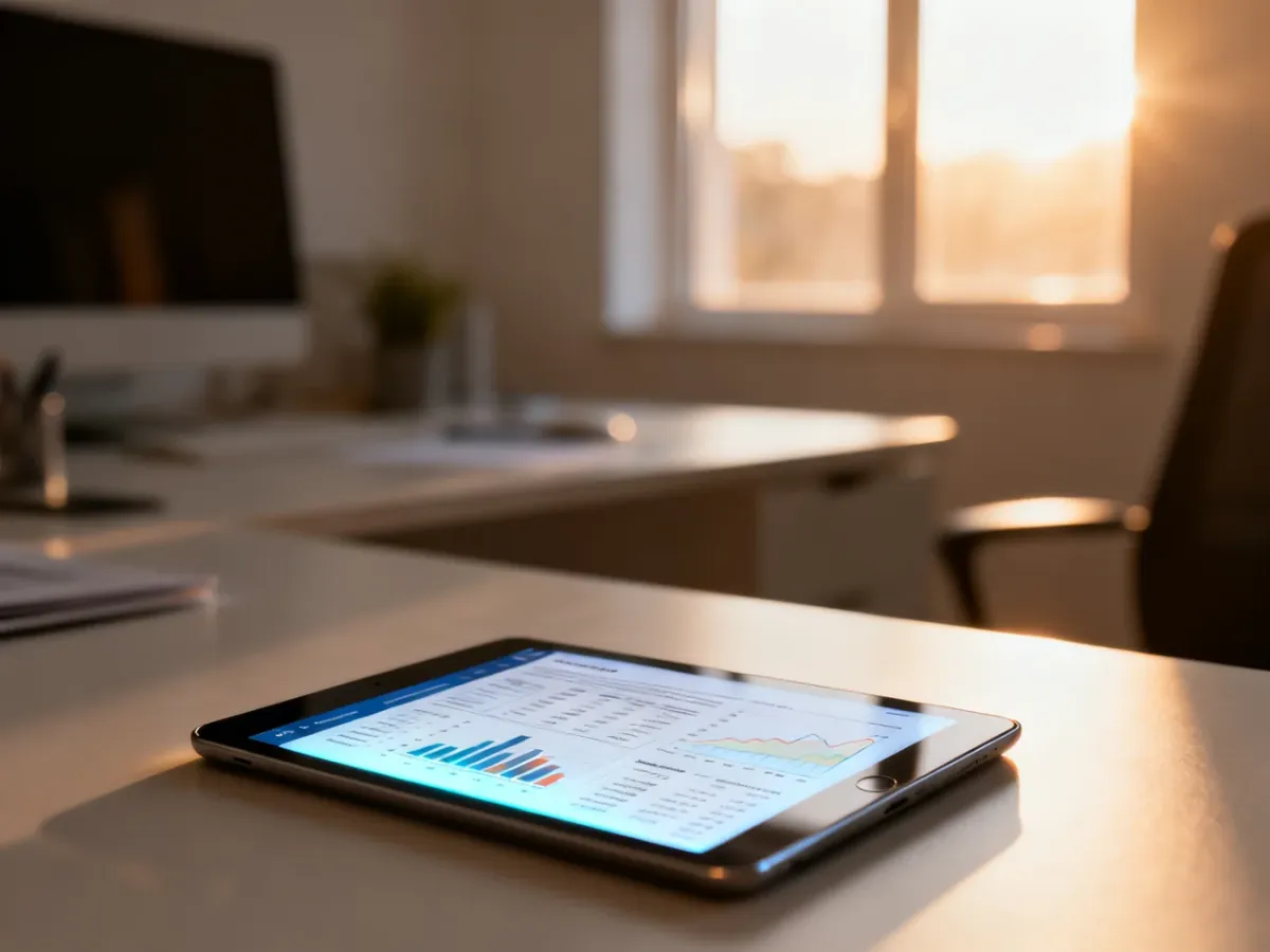 Tablet z wyświetlonym interfejsem e-faktury i wykresami finansowymi na tle minimalistycznego biura.