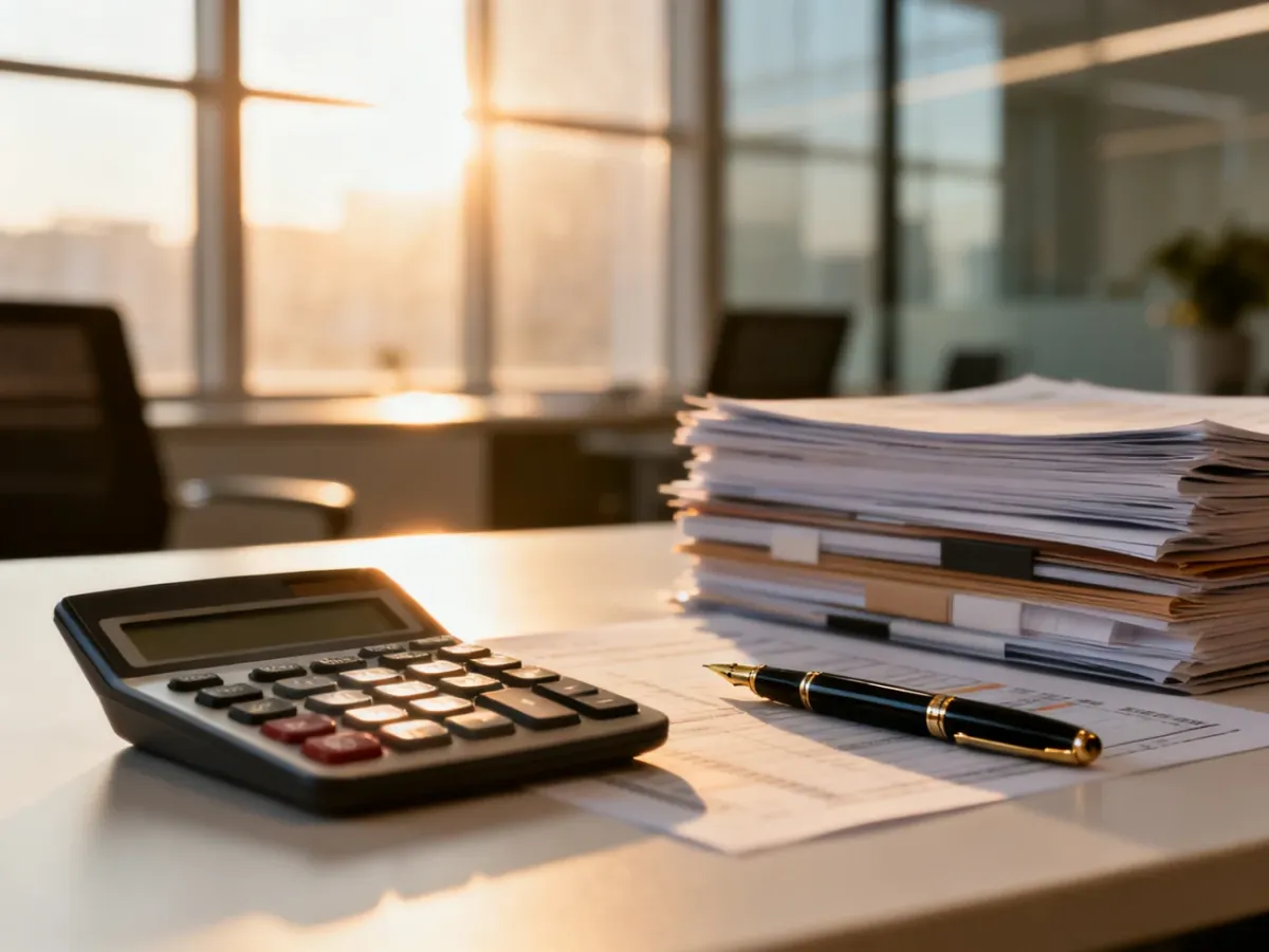 Biurko z kalkulatorem i dokumentami finansowymi, symbolizujące profesjonalne zarządzanie księgowością firmy.