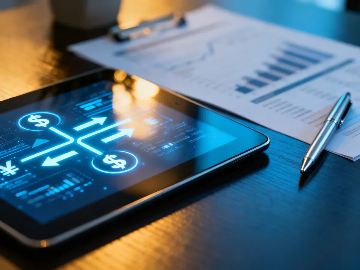 Tablet z cyfrowym panelem finansowym przedstawiającym mechanizm podzielonej płatności na nowoczesnym biurku.