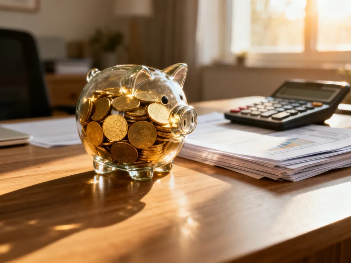 Szklana skarbonka z monetami, kalkulator i dokumenty finansowe na biurku, symbolizujące oszczędzanie i planowanie emerytury.