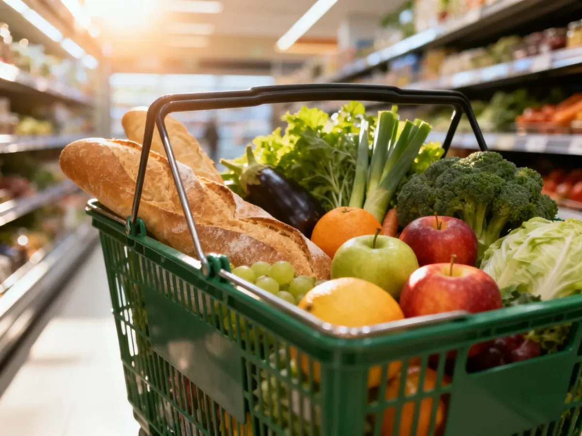 Koszyk wypełniony świeżą żywnością, taką jak pieczywo, owoce i warzywa, w tle nowoczesnego supermarketu.