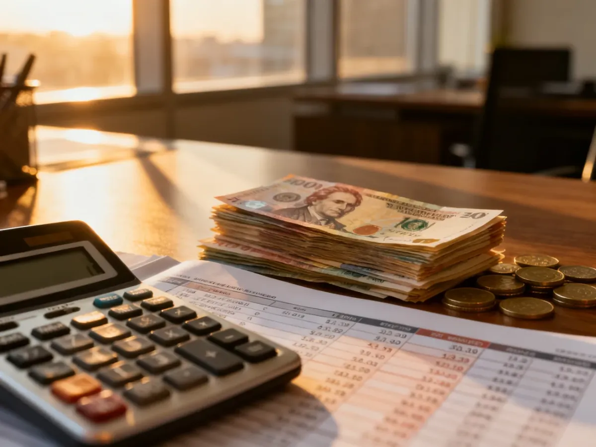 Stos walut obcych oraz kalkulator na biurku, ilustrujące proces rozliczania faktur w walucie obcej.